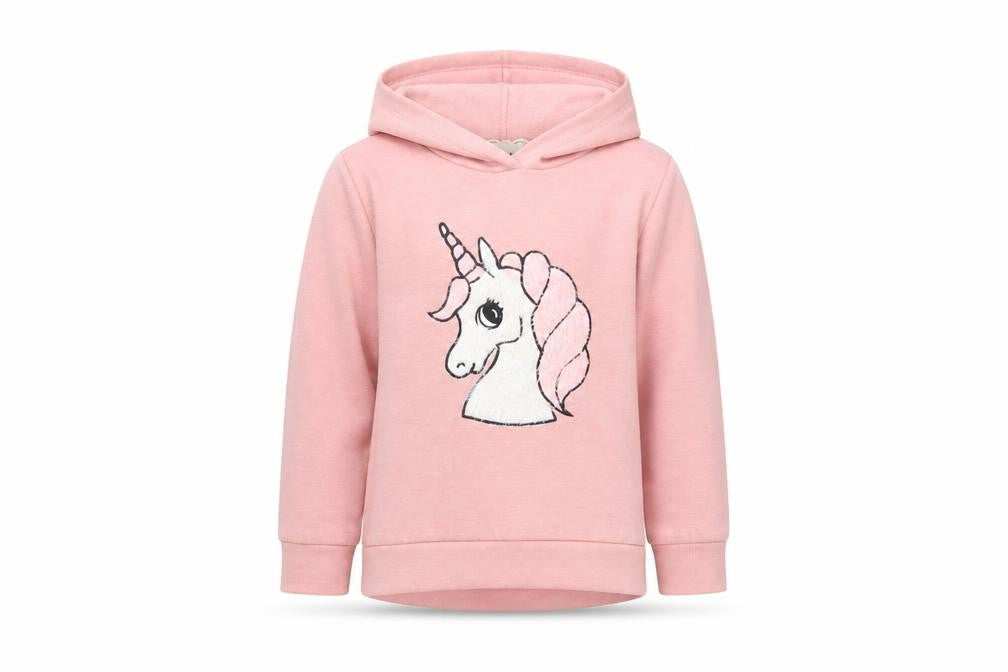 Front view of btween girls’ pink unicorn pullover hoodie, size 5, years