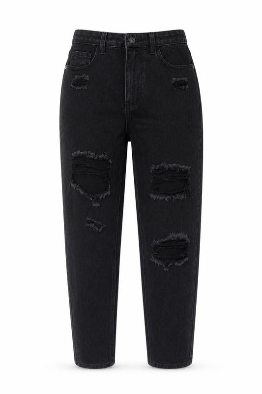 Front view of PRETTYLITTLETHING Black Mom Jeans UK 8 Distressed Style