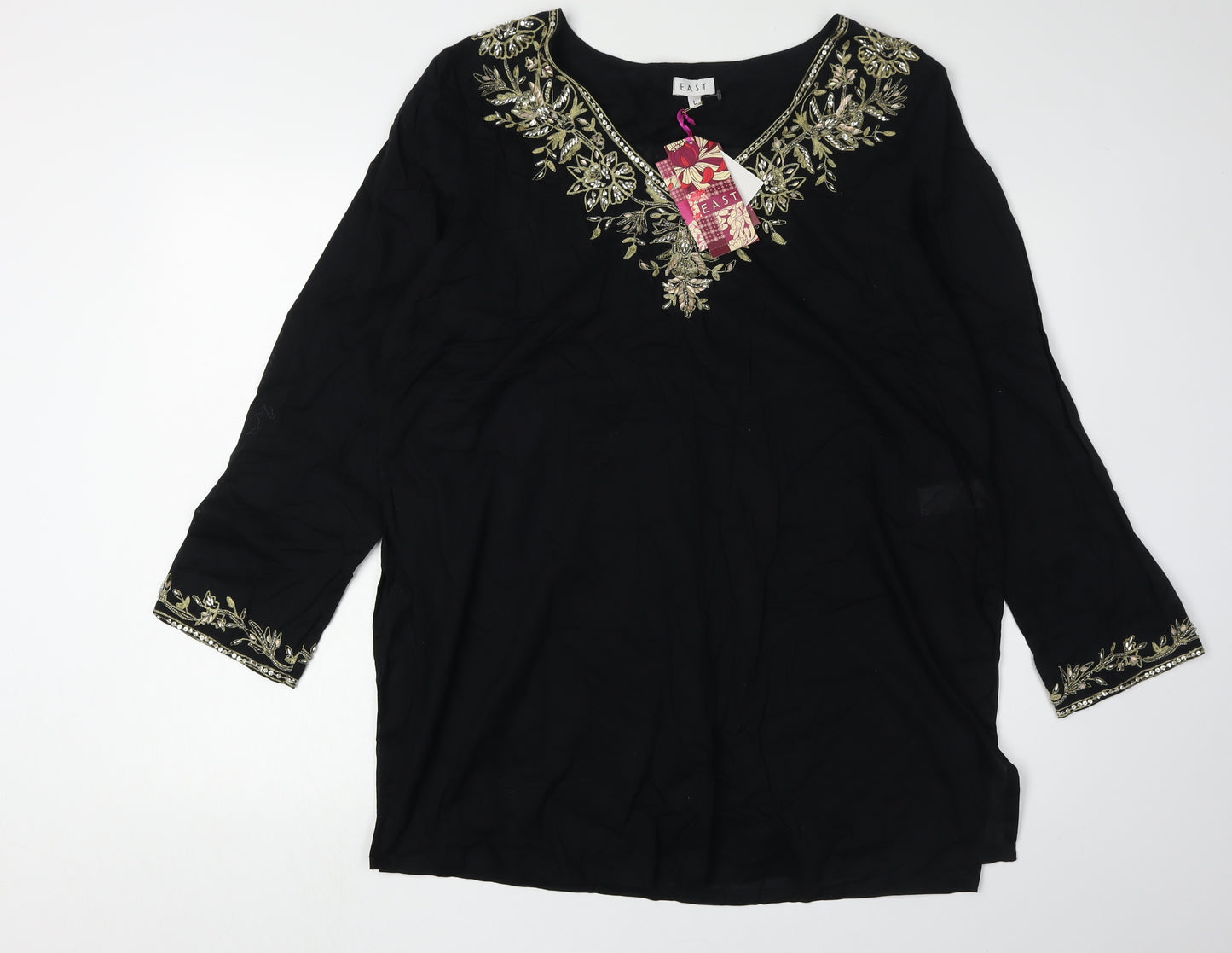 East Women's Embroidered Black 3/4 Sleeve Blouse L