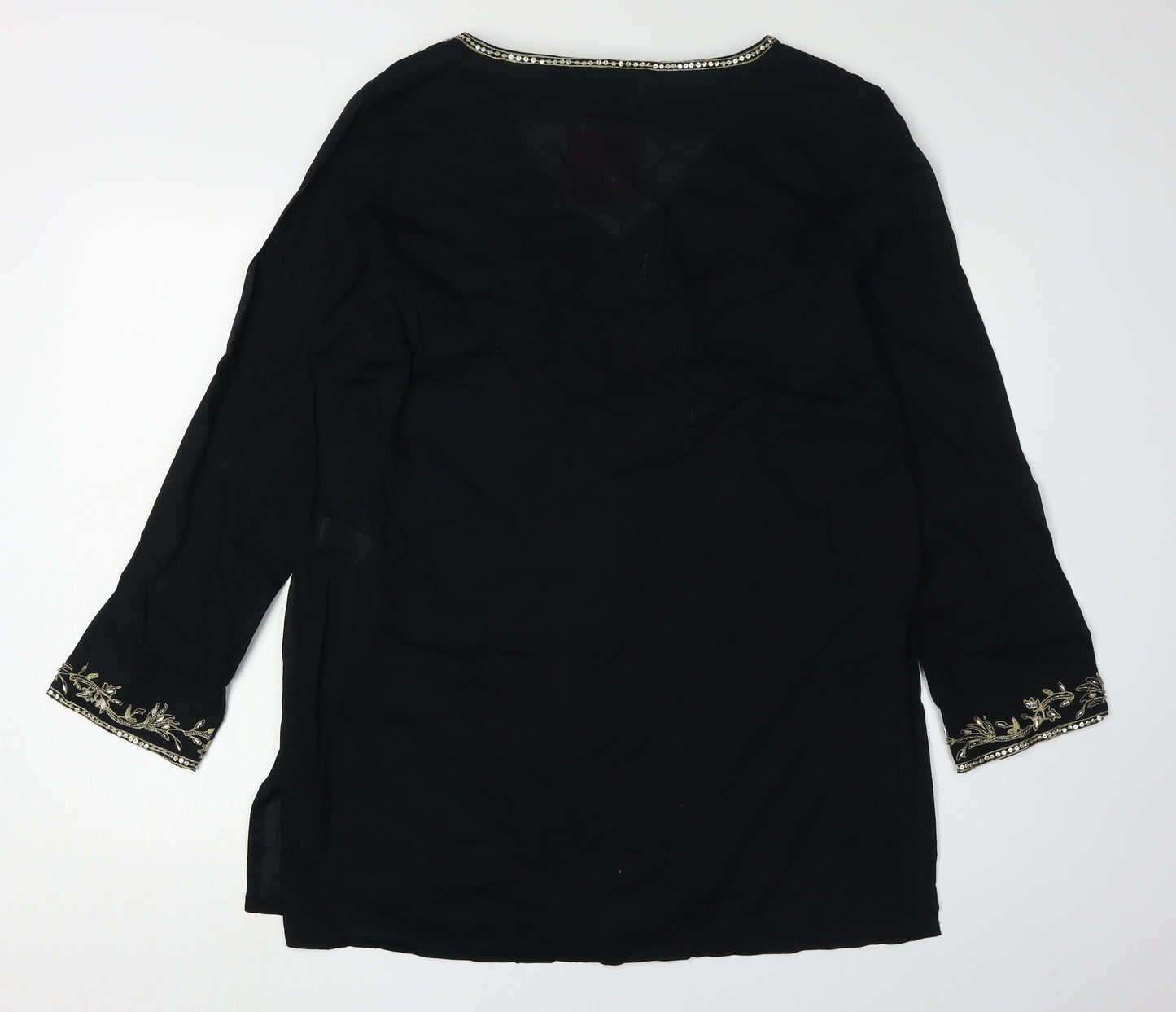 East Women's Embroidered Black 3/4 Sleeve Blouse L