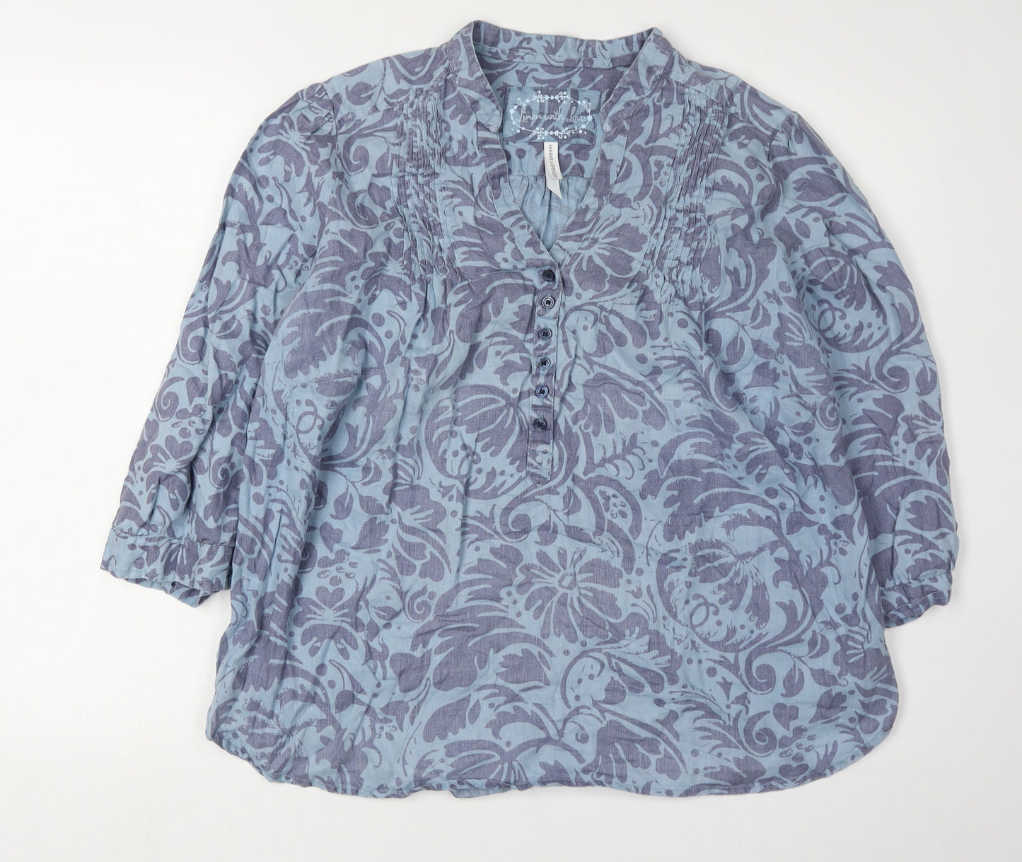 Marks and Spencer Women's Blue Floral Linen Blouse, Size 18
