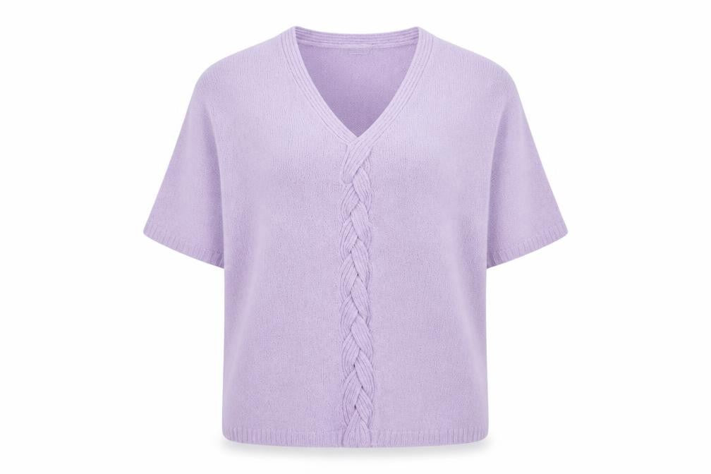 Front view of Damart Women's Purple V-Neck Cable-Knit Pullover L