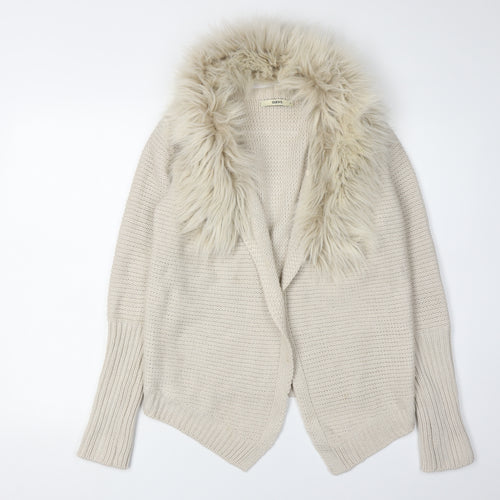 Oasis Beige Women's Cardigan, S, Faux Fur Trim, Knit