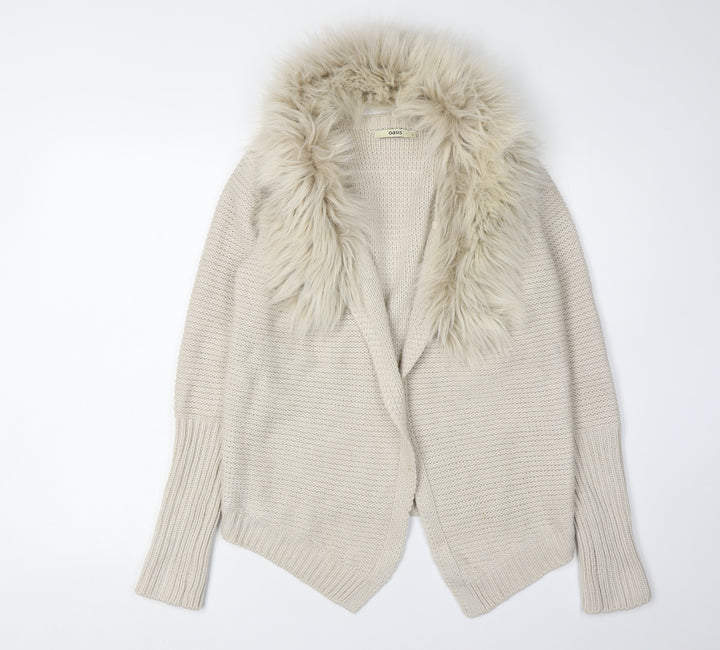 Oasis Beige Women's Cardigan, S, Faux Fur Trim, Knit
