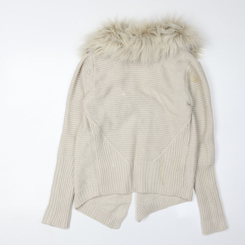 Oasis Beige Women's Cardigan, S, Faux Fur Trim, Knit
