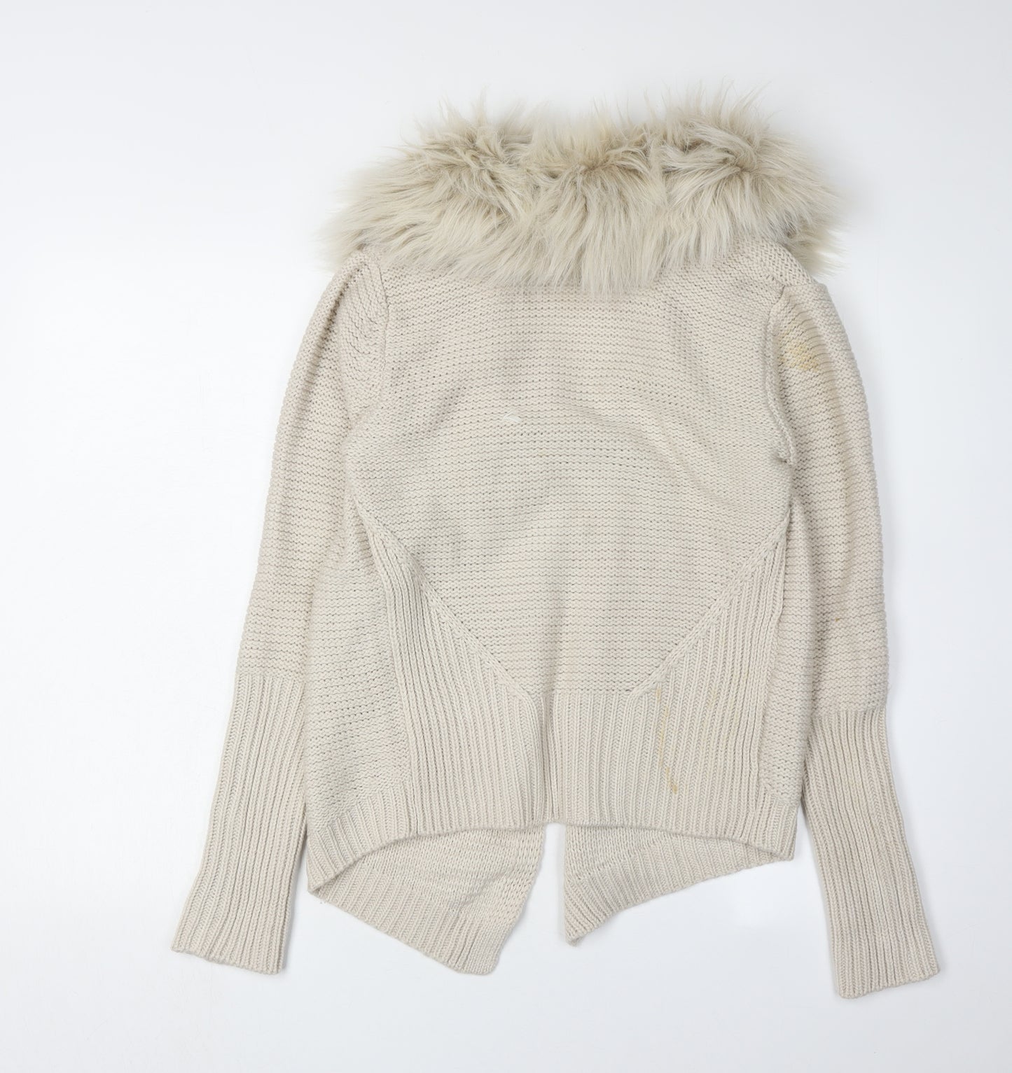 Oasis Beige Women's Cardigan, S, Faux Fur Trim, Knit