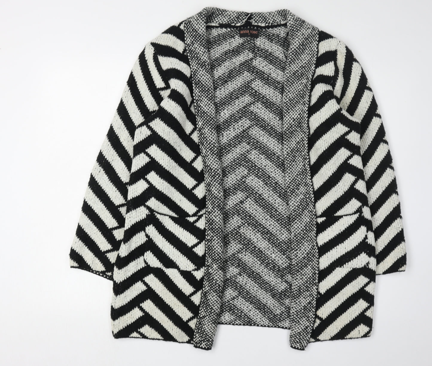 Anna Rose Women's Black Ivory Cardigan L Geometric Knit