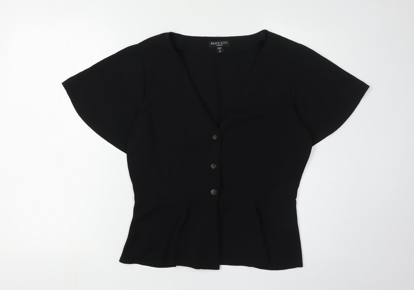 Brave Soul Women's Black Blouse - Medium, Short Sleeve, V-Neck