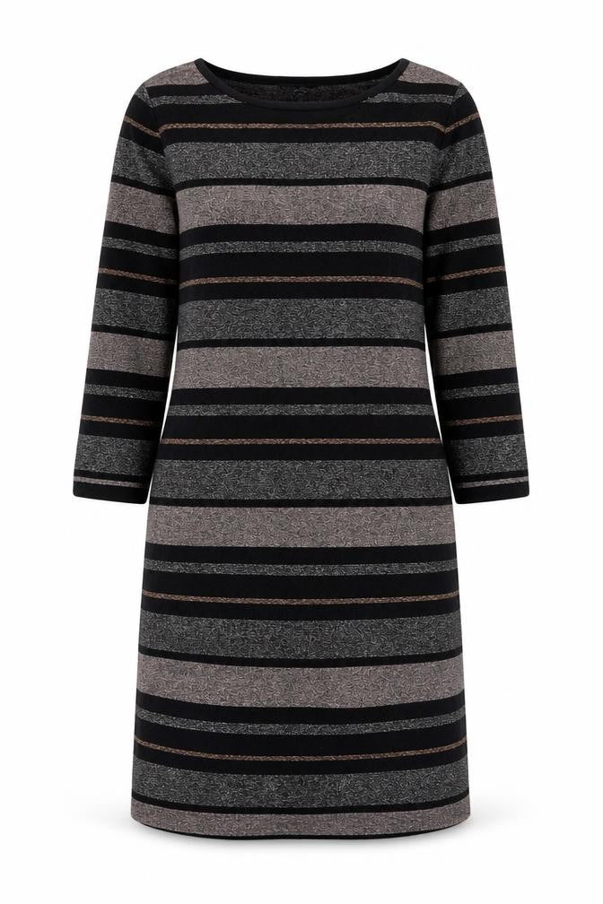 Front view of M&Co Women's Black Striped Sheath Dress, size 14