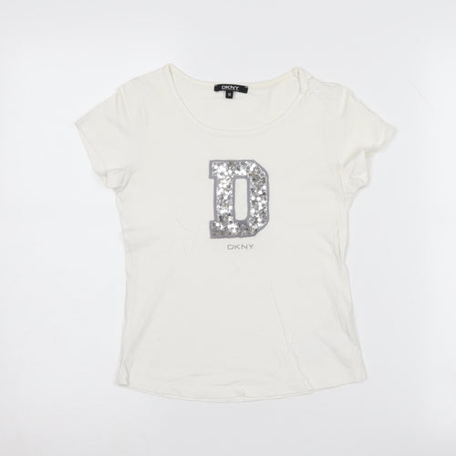 DKNY Girls White Sequin T-Shirt, Size 10 Years, Casual Top