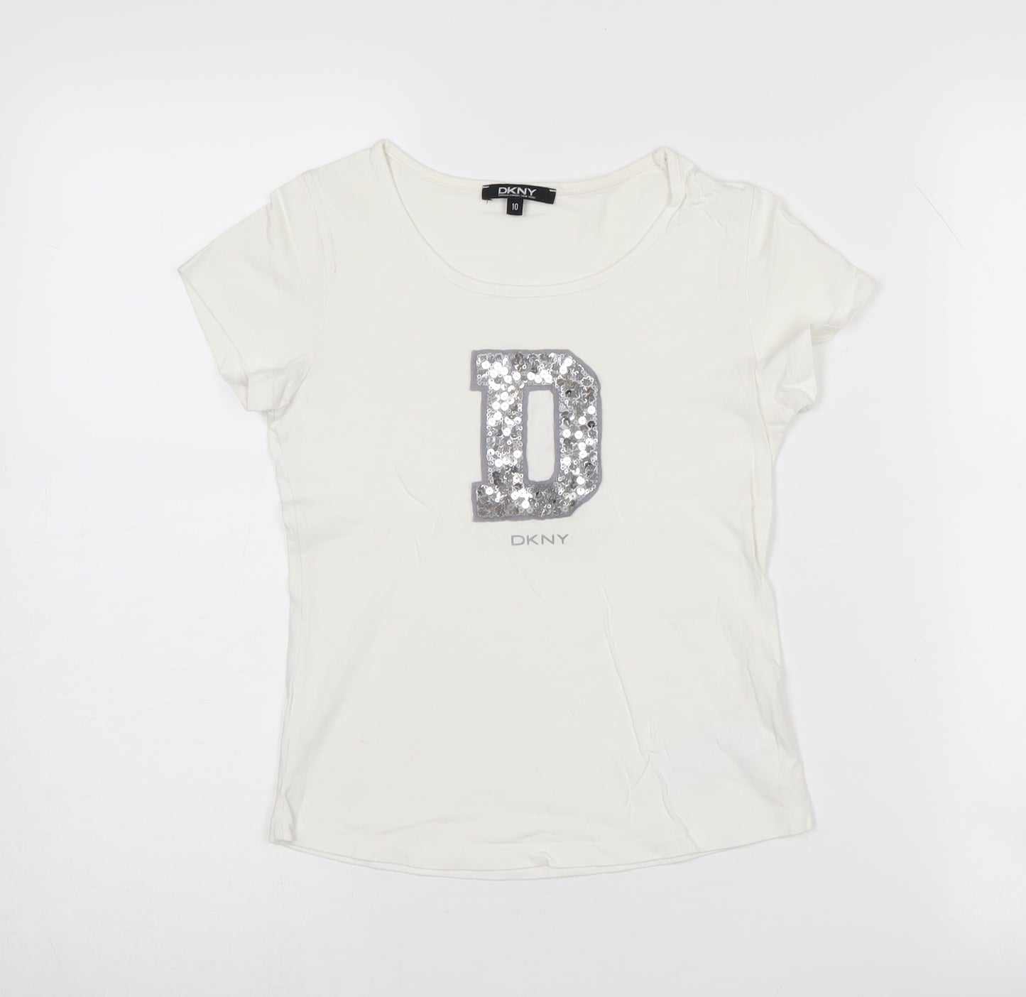 DKNY Girls White Sequin T-Shirt, Size 10 Years, Casual Top