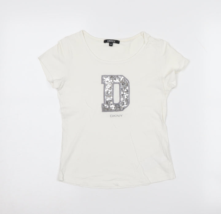 DKNY Girls White Sequin T-Shirt, Size 10 Years, Casual Top