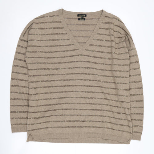 Massimo Dutti Women's Beige V-Neck Striped Jumper Size 12