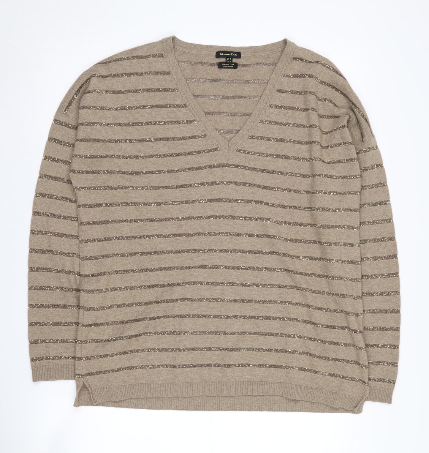 Massimo Dutti Women's Beige V-Neck Striped Jumper Size 12