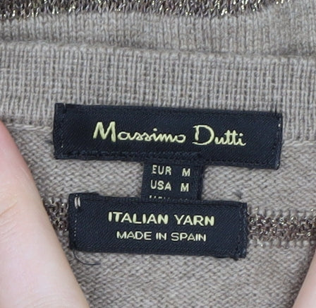 Massimo Dutti Women's Beige V-Neck Striped Jumper Size 12