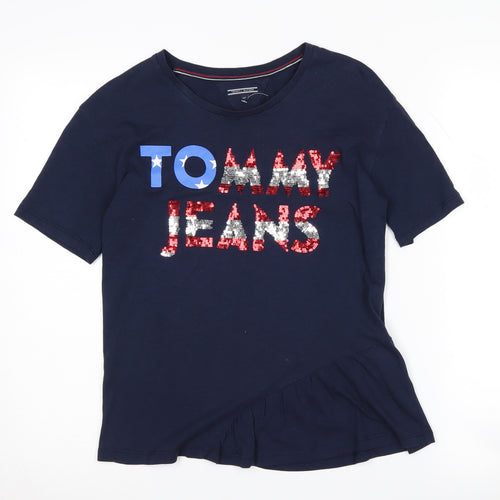 Tommy Hilfiger Girls Blue T-Shirt, Size 164, Graphic Sequin Logo