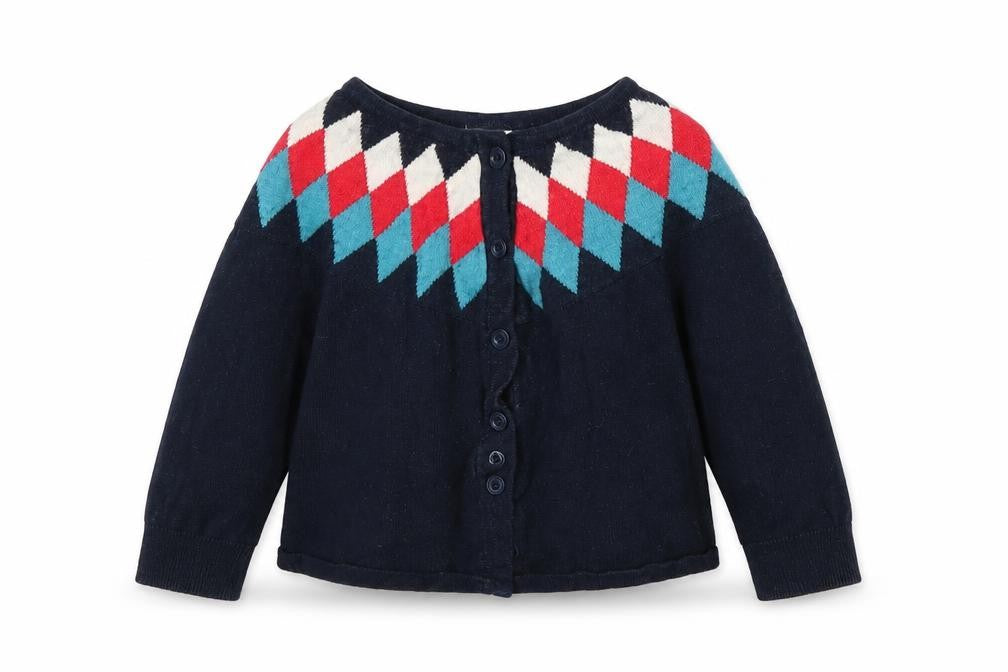 Front view of Polarn O. Pyret girls’' multicoloured argyle cardigan 2-3 years