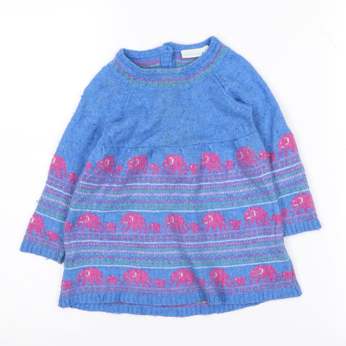 JoJo Maman Bébé Girls Blue Knit Dress 2-3 Years Wool Blend Elephants