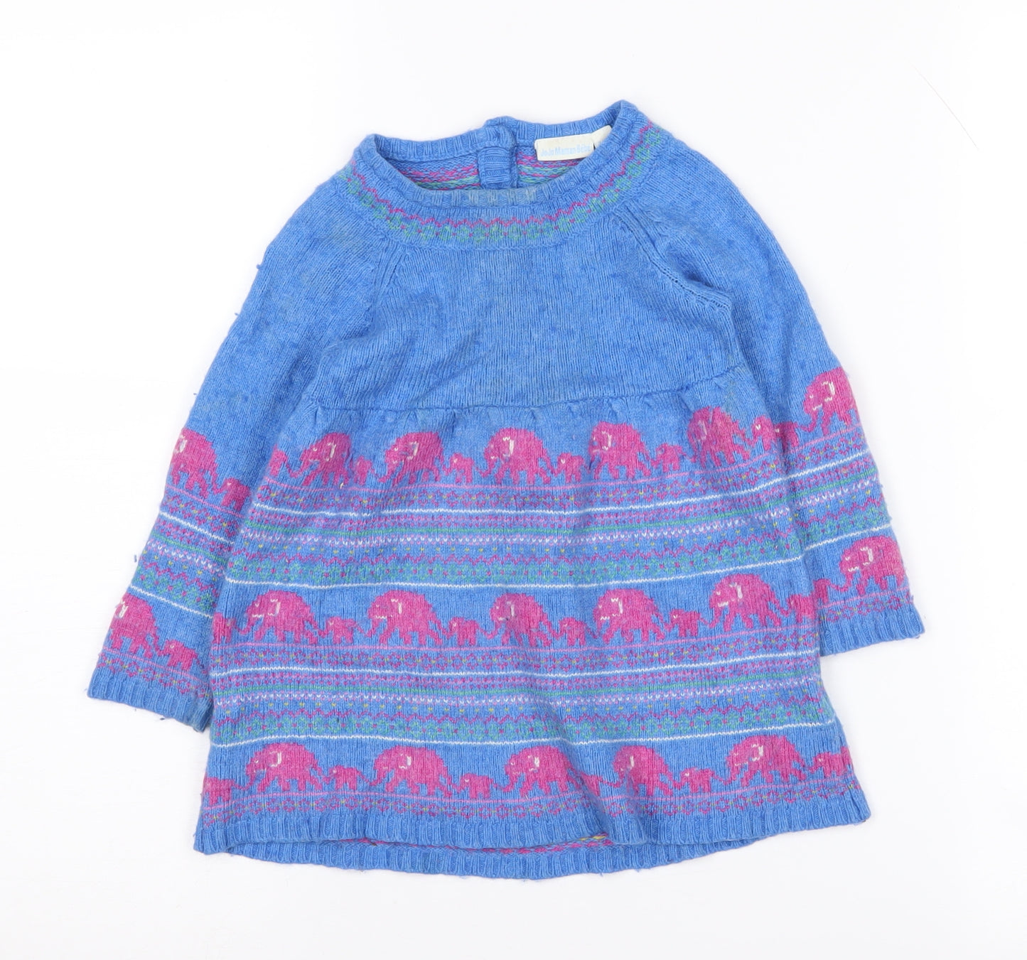 JoJo Maman Bébé Girls Blue Knit Dress 2-3 Years Wool Blend Elephants