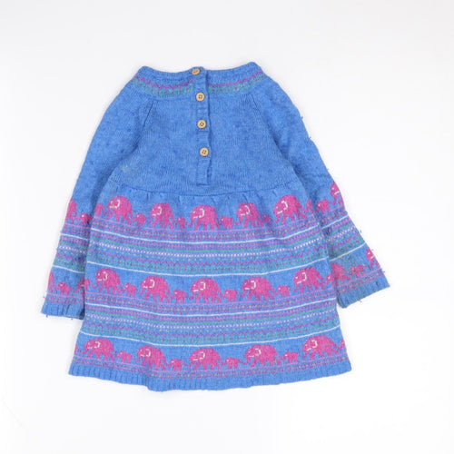 JoJo Maman Bébé Girls Blue Knit Dress 2-3 Years Wool Blend Elephants