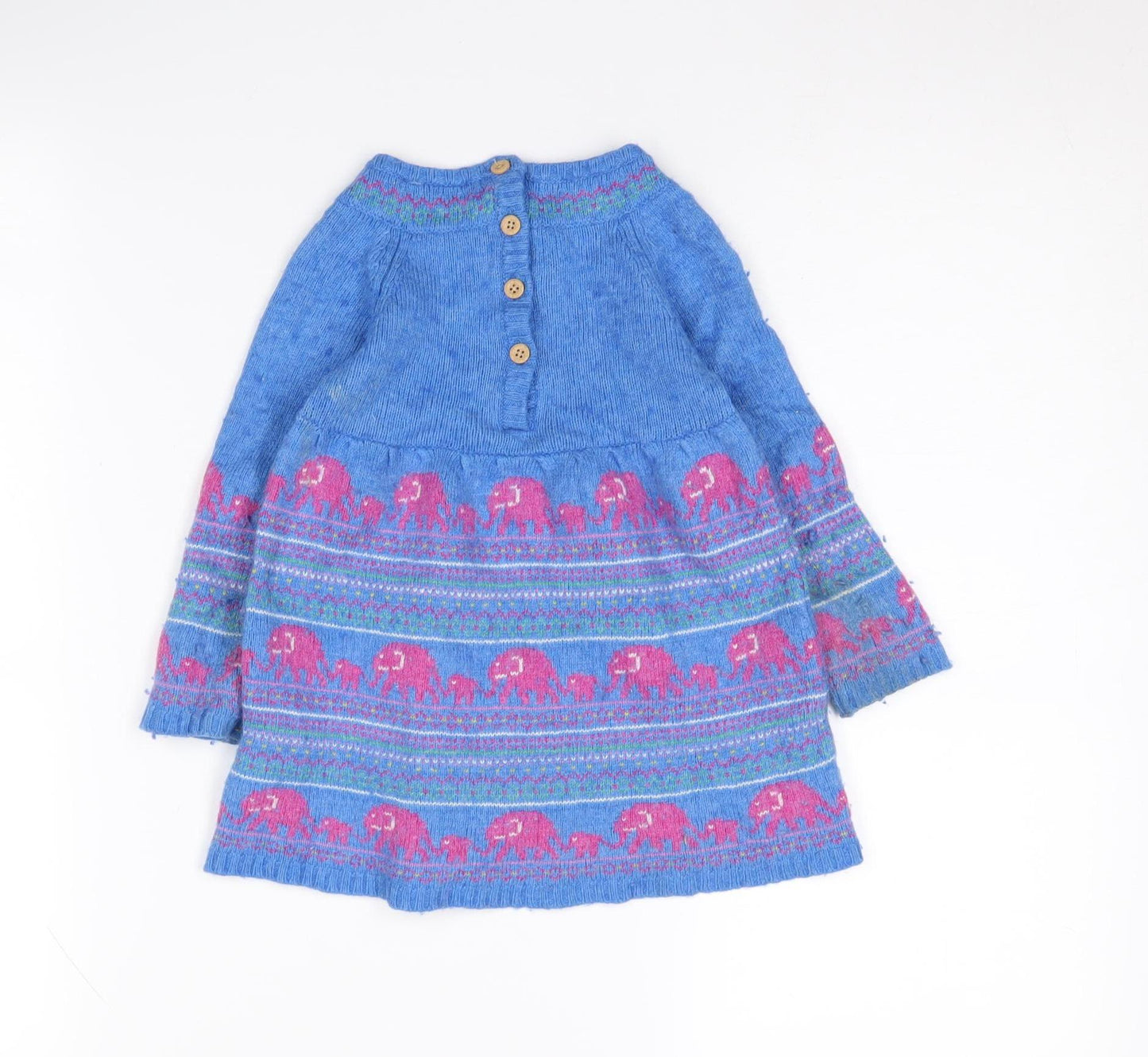 JoJo Maman Bébé Girls Blue Knit Dress 2-3 Years Wool Blend Elephants