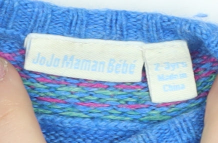 JoJo Maman Bébé Girls Blue Knit Dress 2-3 Years Wool Blend Elephants