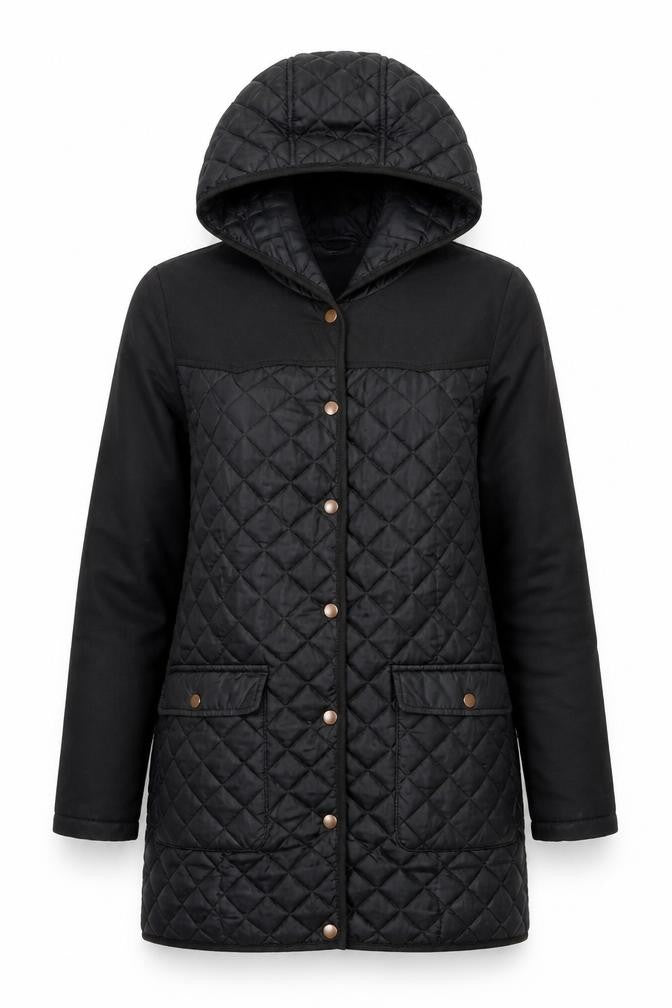 Front view of Vero Moda Women's Black Quilted Hooded Jacket S