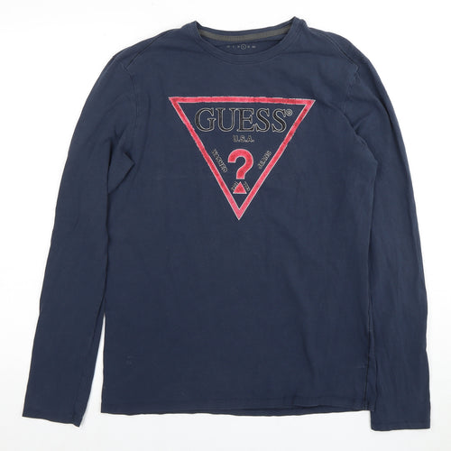 Guess Men's Blue Slim Fit Long Sleeve Logo T-Shirt L