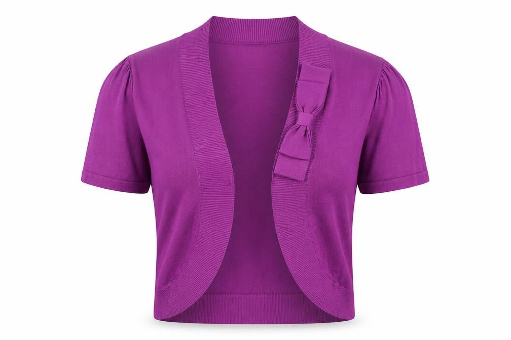 Front view of Laura Ashley Women's Purple Shrug Bow Accent, size 12