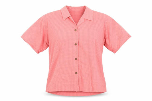 Front view of Columbia Women's Pink Button-Up Shirt, size S, Elegant Casual Wear