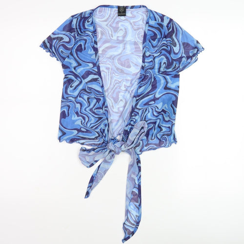 Stylish Women's Blue Geometric Wrap Blouse - Size 8