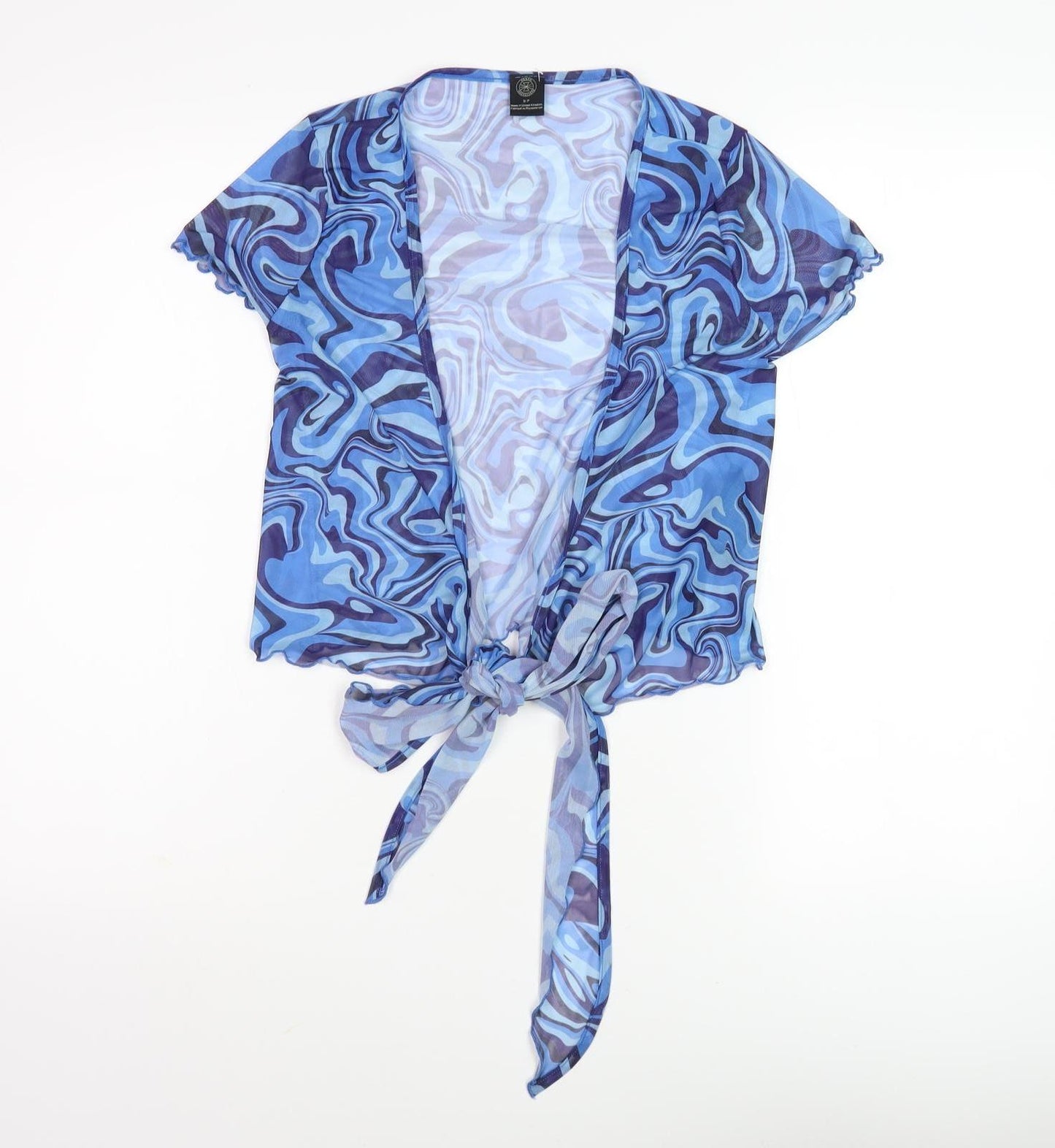 Stylish Women's Blue Geometric Wrap Blouse - Size 8