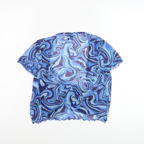 Stylish Women's Blue Geometric Wrap Blouse - Size 8