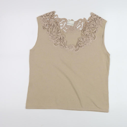Minuet Beige Sleeveless Crochet Accent Blouse