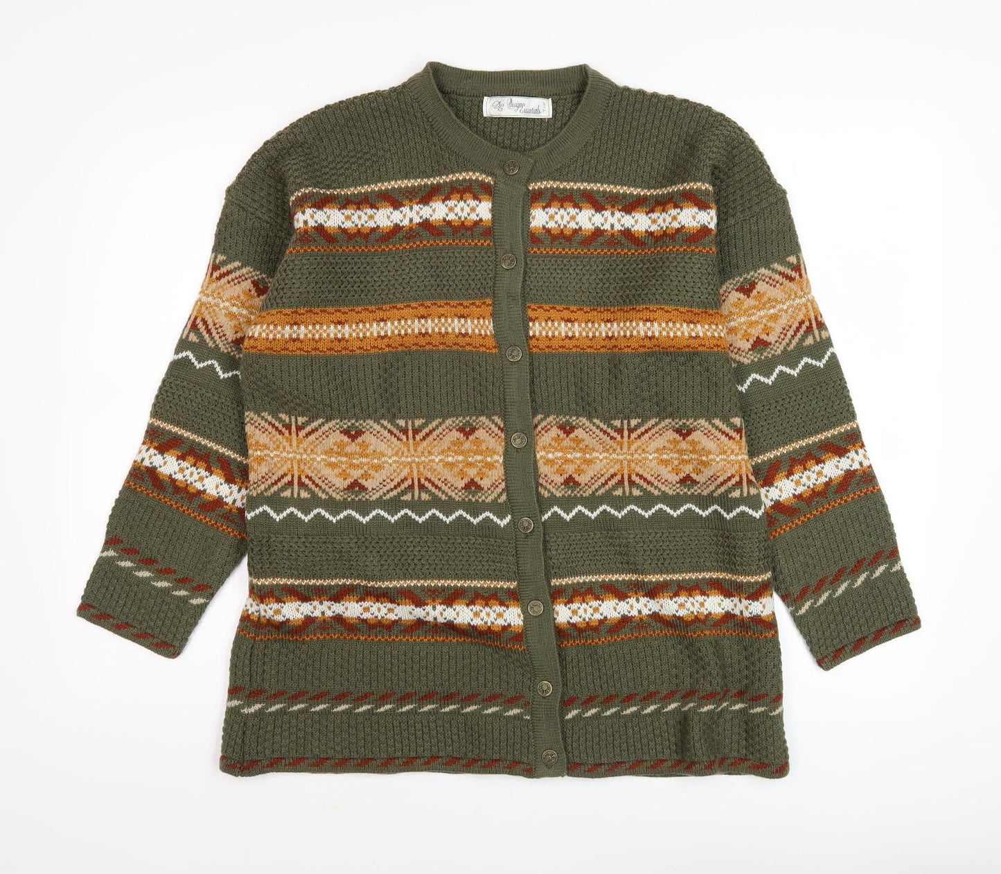 Design Essentials Women's Green Cardigan M Fair Isle Knit