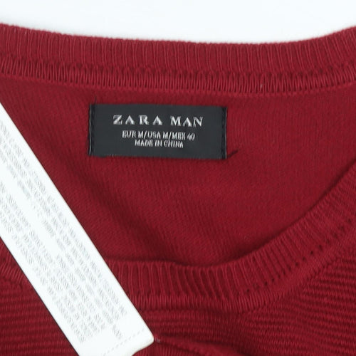 Zara Men's Red Crew Neck Jumper - Long Sleeve Cotton