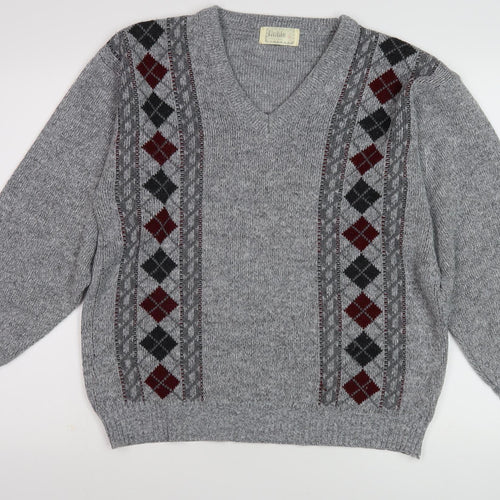 Noble Men's Grey Argyle Knit Pullover Jumper, Size S