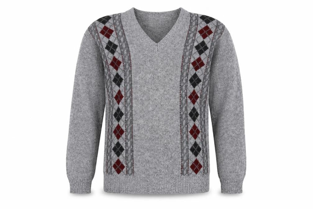 Front view of Noble Men's Grey Argyle Knit jumper, size S