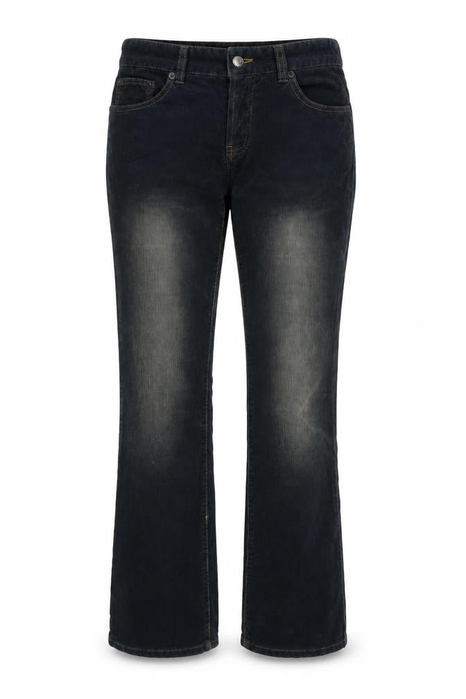 Front view of DKNY women’s black cropped corduroy trousers, size UK 26