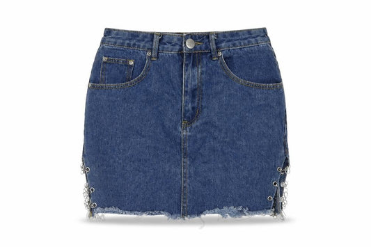 Front view of PRETTYLITTLETHING Women's Blue Denim Mini Skirt, size 6