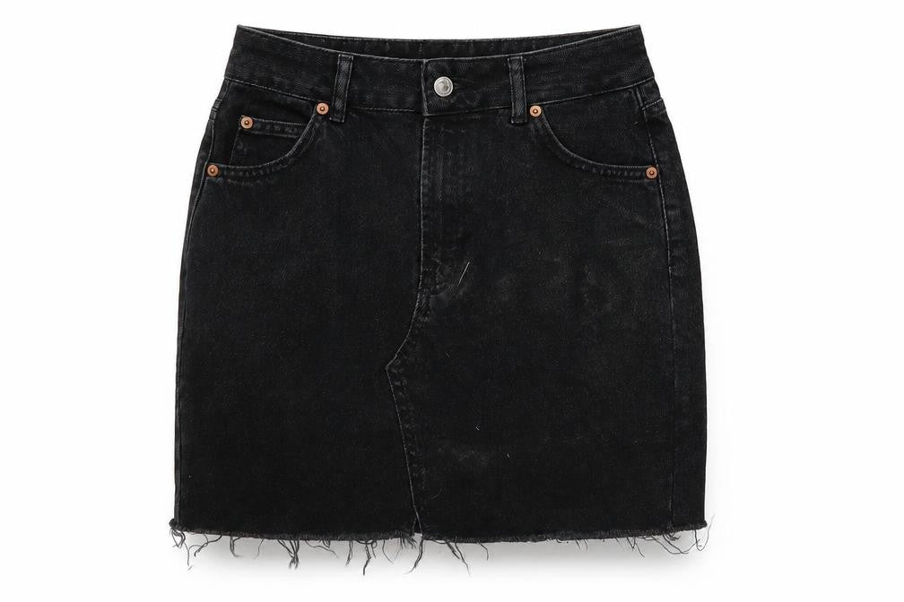Front view of Topshop Women's Black Denim Short Skirt, size 8