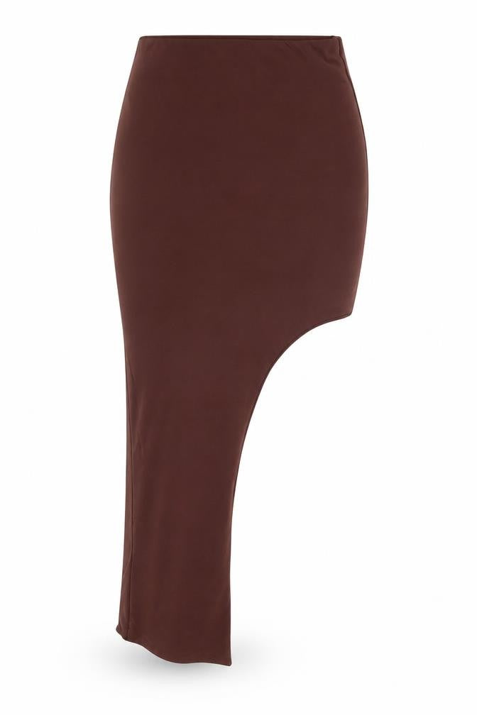 Front view of Misspap Women's Brown Asymmetric Skirt, size 10