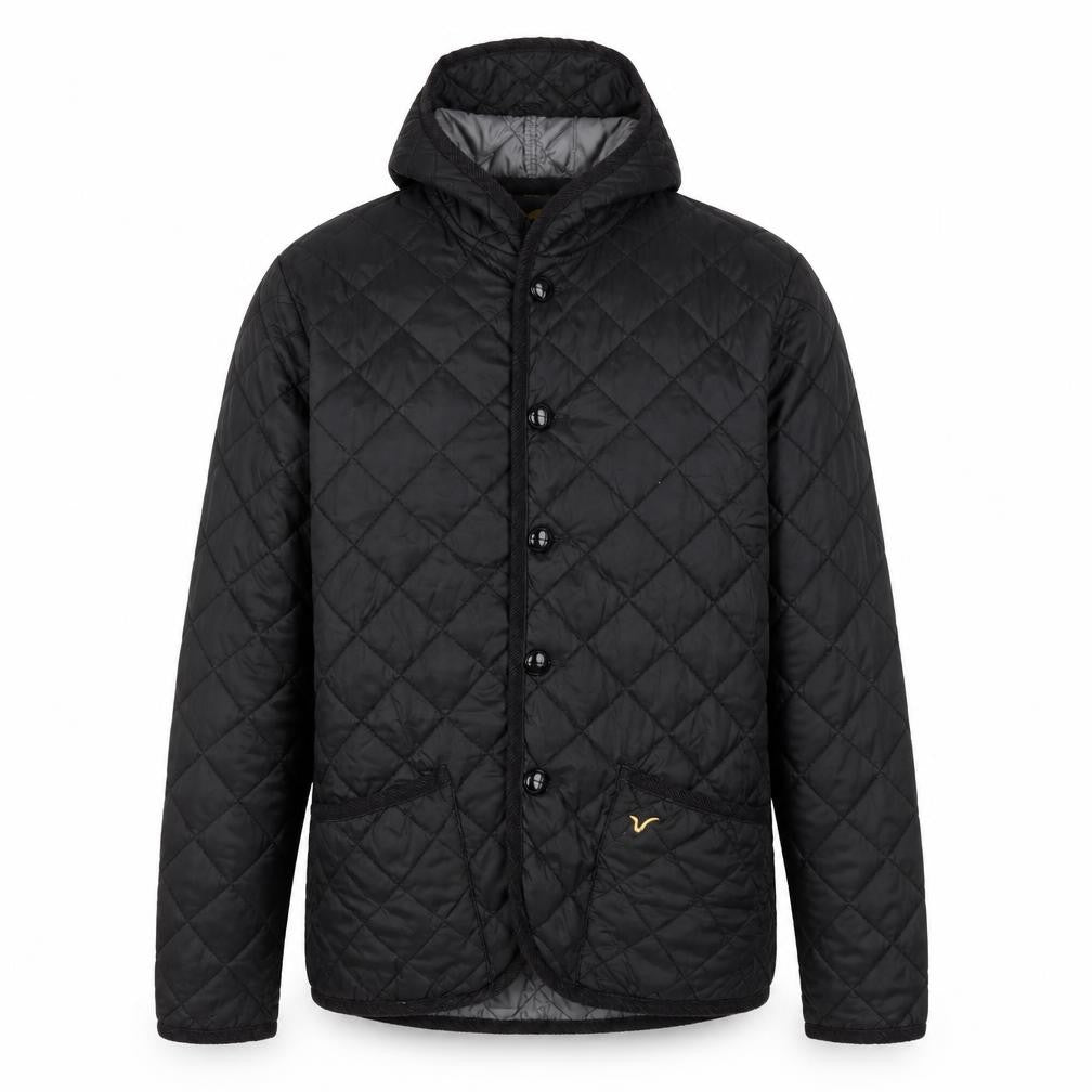 Front view of Voi Jeans Men's Black Quilted Hooded Jacket M