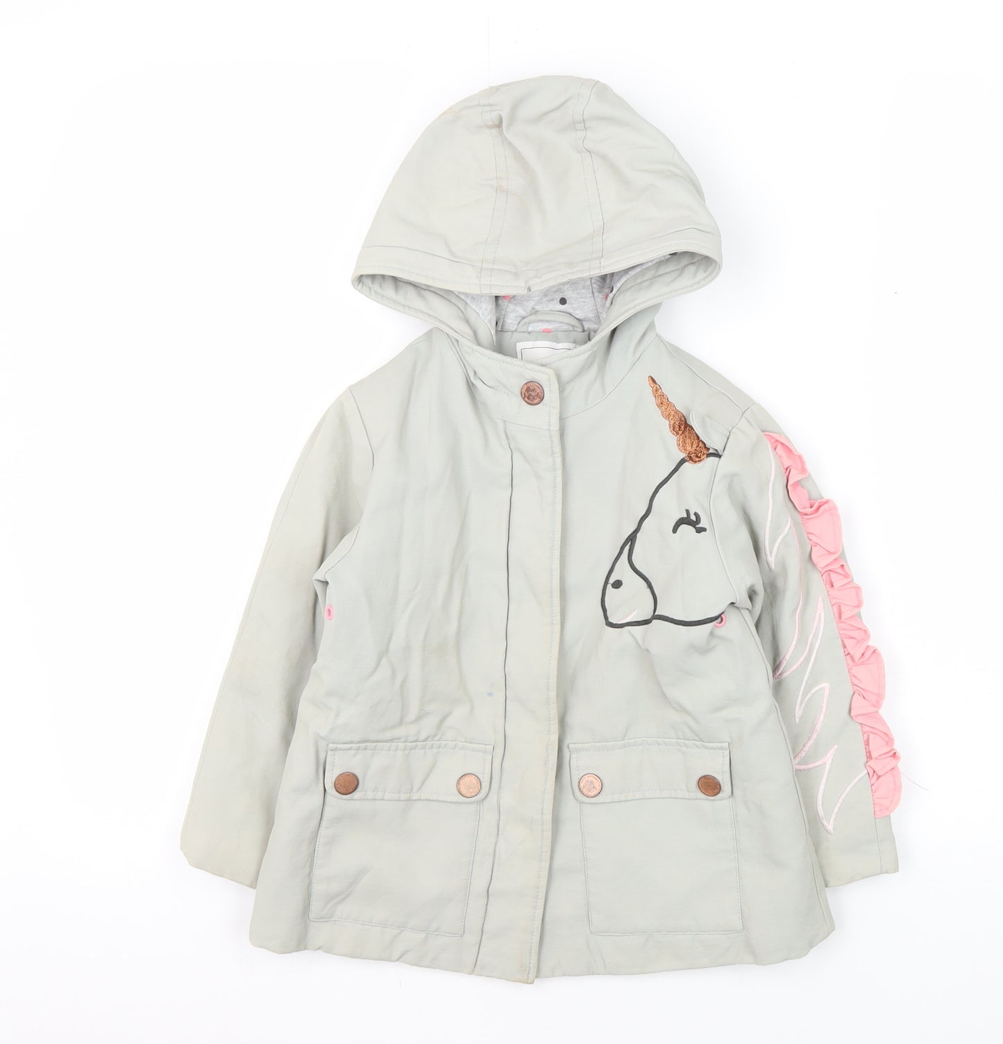 Next Girls Grey Unicorn Coat, 3-4 Years, Hooded, Lined