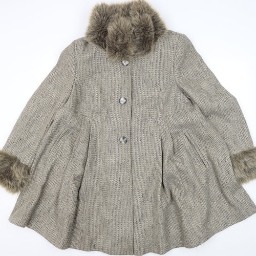 Topshop Women’s Grey Fur Trim Long Tweed Coat UK 14