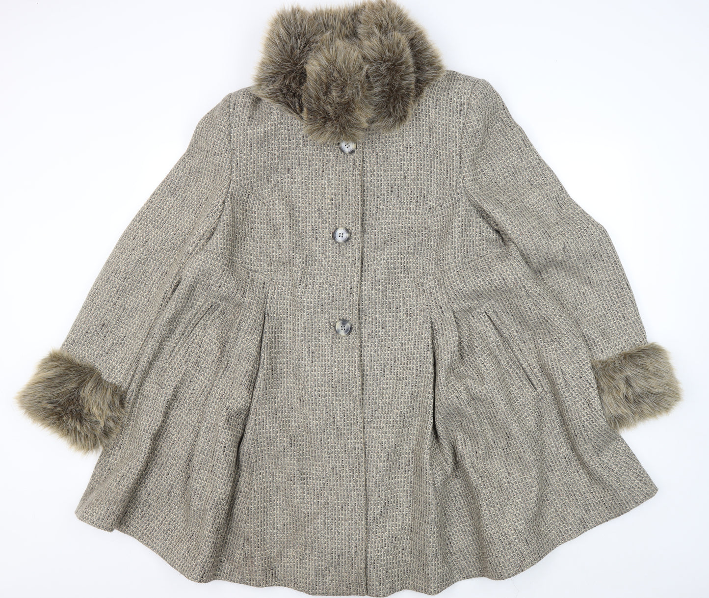 Topshop Women’s Grey Fur Trim Long Tweed Coat UK 14