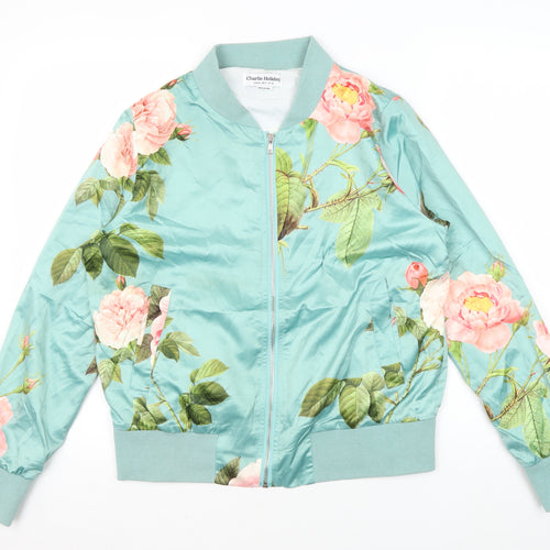 Charlie Holiday Women's Blue Floral Bomber Jacket Size 10