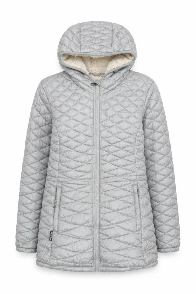 Front view of Steve Madden Women's Grey Puffer Jacket M Hooded Zipped