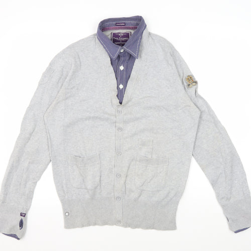 Two Stoned Men's Grey Cotton Cardigan, Size L, Casual V-Neck