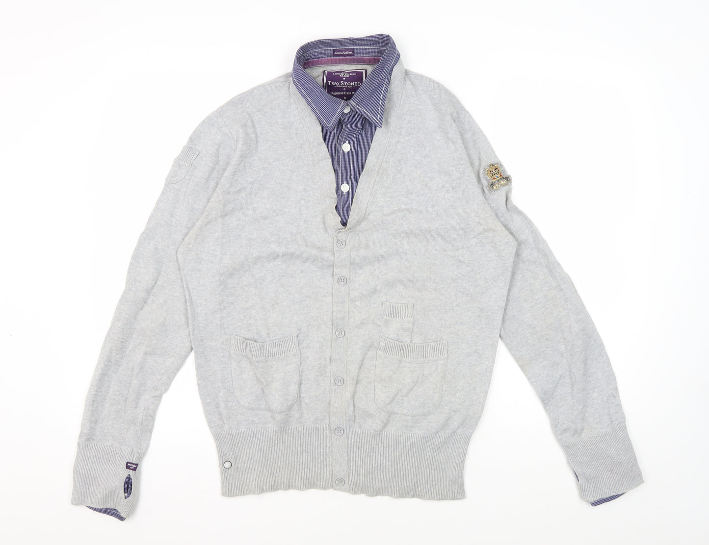 Two Stoned Men's Grey Cotton Cardigan, Size L, Casual V-Neck